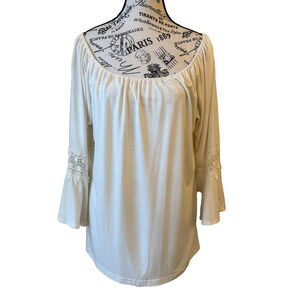 N Touch Women’s Blouse Size Petite Med Ivory Pullover 3/4 Bell Sleeve With Lace